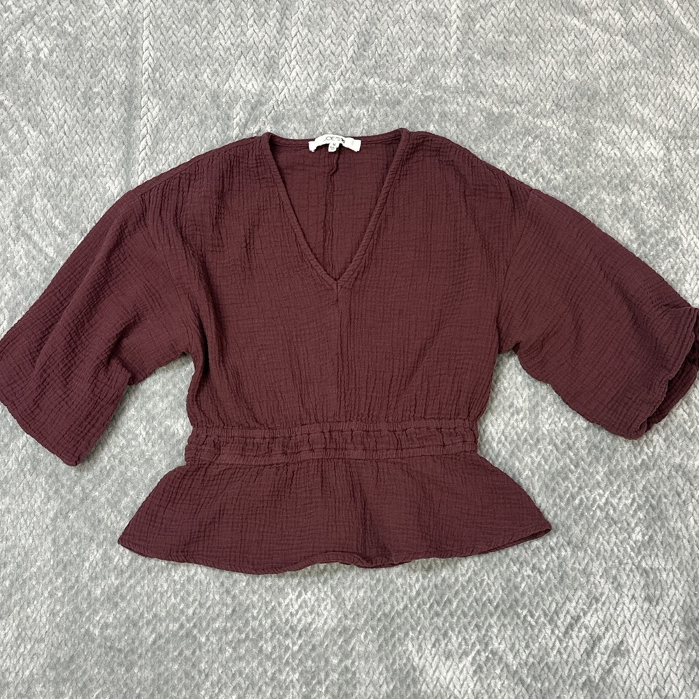 Joes Jeans Top Women's M Burgundy Gauze Smocked Waist Blouse Puff Sleeve Boho